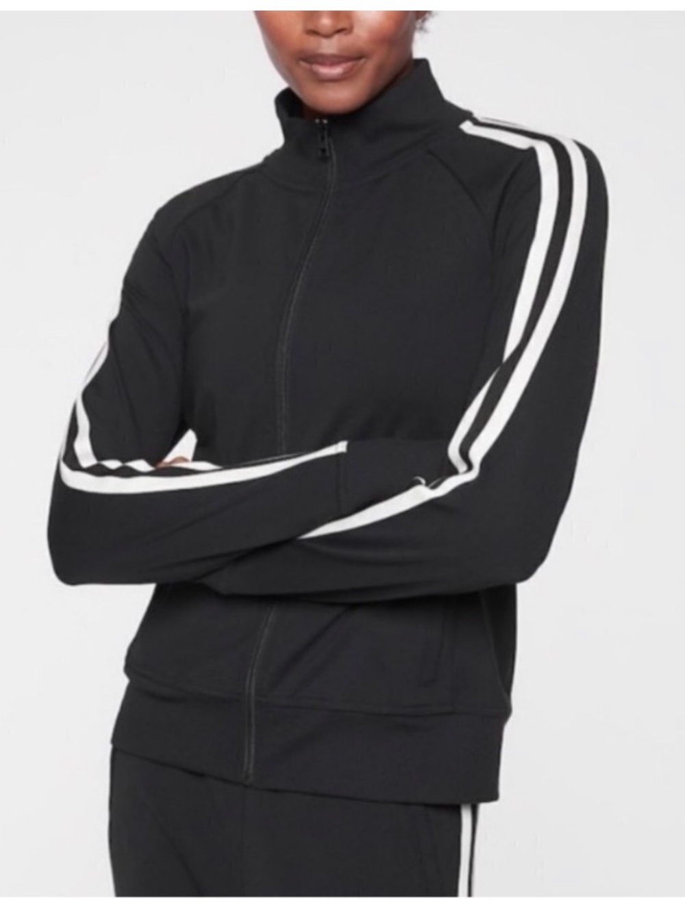 Athleta Circa Track Jacket with White Stripes and thumb holes